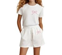 Ensemble décontracté à Manches Courtes et imprimé Lettres pour Filles Ensemble Jogging Fille Hiver (White, 13-14 Years)