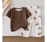 Ensemble décontracté bébé garçon printemps/été, Top à manches courtes col rond en tricot coupe régulière de couleur unie et pantalon. Motif imprimé numérique mignon d'ours brun. Bestseller pyjamas/ten