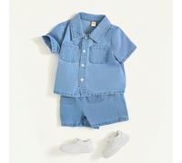 Ensemble décontracté bohème de printemps/été pour bébé garçon, 2 pièces : chemise bleu lavé avec poches à boutons et short en jean ample à taille élastique. Tenues d'été pour bébé garçon 6-9M,9-12M,12