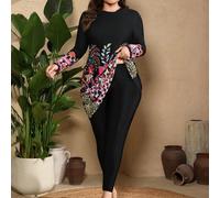 Ensemble décontracté burkini à manches longues avec Top à imprimé floral et patchwork et pantalon pour femmes grande taille 0XL,1XL,2XL,3XL,4XLPlantes,BaroqueTissu tricoté