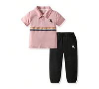 Ensemble décontracté composé d'un t-shirt à col polo à manches courtes avec imprimé de jeune chevalier et d'un pantalon 90,100,110,120,130Blocs de couleur,graphique,RayéÉtoffe