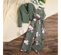 Ensemble Décontracté De 2 Pièces Pour Tween Fille Comprenant Un Manteau À Col À Revers Uni À Manches Longues Et Une Combinaison À Jambes Larges Imprimée Florale À Bretelles 8Y,9Y,10Y,11-12YFloralÉtoff