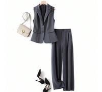 Ensemble décontracté de deux pièces pour femmes, comprenant un blazer sans manches tout-aller et un pantalon droit à jambes larges. Tenue de printemps et d'automne de haute qualité en gris pour femmes