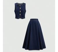 Ensemble décontracté de mode de rue pour femmes, composé d'un gilet à nœud simple boutonnage et d'une jupe en jean à ourlet évasé, pour le printemps/l'été/l'automne L,M,S,XL,XSUnicoloreJean