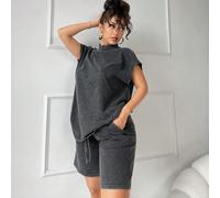 Ensemble décontracté de style estival de terrain vague, T-shirt en détresse lavé avec épaules basses et short Bermuda à jambe large L,M,S,XL,XSTissu tricoté