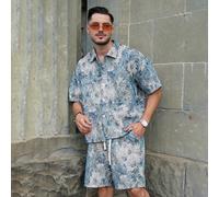 Ensemble décontracté de style vacances pour hommes, avec une chemise à manches courtes et un short en jacquard vintage et luxueux inspiré d'INSTA, avec des motifs de vignes et de fleurs rouges, jaunes