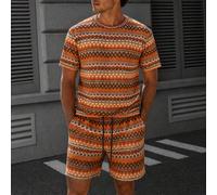 Ensemble décontracté de style vacances pour hommes, jacquard géométrique, coupe ample, Top à col rond à manches courtes et short bermuda à cordon de serrage, tenue de plage 2 pièces L,M,S,XL,XXLGéomét