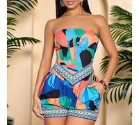 Ensemble décontracté de Top sans bretelles et shorts élégant et sexy pour vacances à la plage, style "Old Money", vêtements pour femmes printemps/été avec imprimé coloré. L,M,S,XLgraphiqueÉtoffe