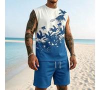 Ensemble décontracté de vacances à la plage pour hommes avec débardeur col rond imprimé oiseau et short L,M,S,XL,XS,XXLAnimal,Blocs de couleurPolyester,Tissu tricoté