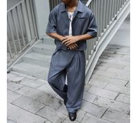 Ensemble décontracté d'été gris pour homme, tenue de ville à rayures fines, top à manches courtes et pantalon coupe ample grande taille, style japonais, 2 pièces 2XL,3XL,4XL,5XLUnicoloreÉtoffe
