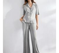 Ensemble décontracté d'été pour femme, composé d'un Top à manches courtes avec boutons devant et confortable, ainsi que d'un pantalon. Tenue pour les vacances. L,M,S,XL,XSUnicoloreÉtoffe