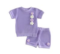 Ensemble Décontracté d'Été pour Filles avec Florale et Short - Tenue Confortable Deux Pièces (Purple, 18-24 Months)