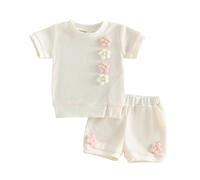 Ensemble Décontracté d'Été pour Filles avec Florale et Short - Tenue Confortable Deux Pièces (White, 3-4 Years)