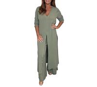 Ensemble décontracté deux pièces avec haut long et pantalon assorti pour femme, col en V, ourlet fendu, pantalon large, Vert, XL