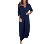 Ensemble décontracté deux pièces avec haut long et pantalon assorti pour femme, col en V, ourlet fendu, pantalon large, noir foncé, 3XL