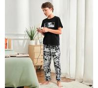 Ensemble Décontracté Deux Pièces Pour La Maison Pour Les Garçons Adolescents Avec Un T-shirt À Manches Courtes À Imprimé Simple Histoire De Dessin Animé Et Un Pantalon Long Ample. 14Y,13Y,16Y,15YTissu