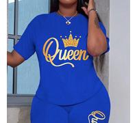 Ensemble décontracté en deux pièces pour femmes grande taille, avec impression de la couronne et de la reine, été 0XL,1XL,2XL,3XL,4XLBlocs de couleur,Géométrique,LettresTissu tricoté