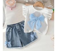 Ensemble décontracté et doux pour filles comprenant un top court ajusté à manches courtes et col rond, ainsi qu'un short en jean à taille élastique avec nœud papillon et ourlet effiloché 6Y,7Y,8Y,4Y,5