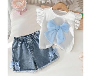 Ensemble décontracté et doux pour filles comprenant un top court ajusté à manches courtes et col rond, ainsi qu'un short en jean à taille élastique avec nœud papillon et ourlet effiloché 6Y,7Y,8Y,4Y,5