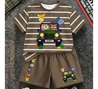 Ensemble décontracté minimaliste pour jeune garçon, T-shirt et short avec imprimé rayures, animaux de dessin animé et voitures 6Y,7Y,4Y,5YgraphiqueÉtoffe