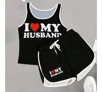 Ensemble décontracté noir pour femmes composé d'un débardeur à col rond avec l'impression "J'aime mon mari" et d'un short. Convient pour le port lors de la Saint-Valentin en été L,M,S,XL,XXLCœurTissu 