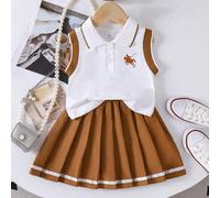 Ensemble décontracté pour bébé fille avec débardeur à col polo imprimé chevalier et jupe plissée 6-9M,9-12M,12-18M,18-24M,2-3Y,3-6MgraphiquePolyester