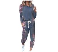 Ensemble décontracté pour femme - Haut doux à col rond et jogging à cordon de serrage | Pyjama et vêtements d'intérieur d'inspiration vintage 2 pièces, 06-bleu., XXL