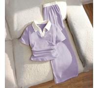 Ensemble décontracté pour fille pré-ado avec T-shirt à col revers et pantalon, broderie chevalier et couleurs contrastées 8Y,9Y,10Y,11Y,12Y,13YRayéPolyester