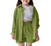 Ensemble décontracté pour filles en coton doux, chemise à col rabattu et short à taille élastique, tenue de jeu pour école, été, automne et printemps, couleurs unies, tailles 2-10 ans (Army Green,
