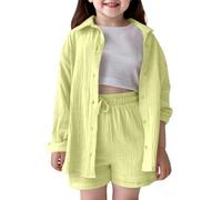 Ensemble décontracté pour filles en coton doux, chemise à col rabattu et short à taille élastique, tenue de jeu pour école, été, automne et printemps, couleurs unies, tailles 2-10 ans (Yellow, 11-12