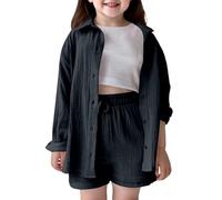 Ensemble décontracté pour filles en coton doux, chemise à col rabattu et short à taille élastique, tenue de jeu pour école, été, automne et printemps, couleurs unies, tailles 2-10 ans (Black, 11-12