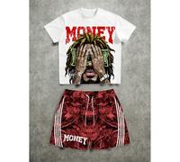 Ensemble décontracté pour hommes composé d'un t-shirt à col rond à manches courtes avec imprimé lettres et portrait, et d'un short à imprimé tout-sur L,M,S,XL,XS,XXLPortrait,LettresTissu tricoté
