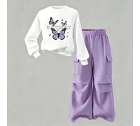 Ensemble décontracté pour jeune fille avec sweat-shirt à col rond, imprimé lettre et papillon, manches longues et pantalon cargo à taille élastique pour un usage quotidien 6Y,7Y,4Y,5Y,2-3YAnimal,Lettr