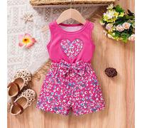 Ensemble décontracté quotidien pour bébé fille avec Top à col rond imprimé cœur et short imprimé all-over 6-9M,9-12M,12-18M,18-24M,2-3YGéométrique,PlantesPolyester