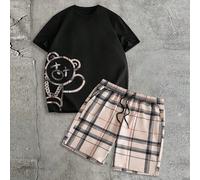 Ensemble décontracté quotidien pour homme composé d'un t-shirt à col rond à imprimé dessin animé à manches courtes et d'un short à taille élastique avec cordon de serrage et motif à carreaux L,M,S,XLC