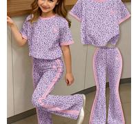 Ensemble décontracté quotidien pour jeune fille avec t-shirt à manches courtes à col rond avec bordure contrastée et imprimé intégral, et pantalon évasé 6Y,7Y,8Y,4Y,5Y,2-3YTout ImpriméTissu tricoté
