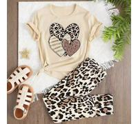 Ensemble décontracté quotidien pour jeune fille : T-shirt à manches courtes avec imprimé cœur léopard et leggings 7Y,8Y,9Y,10Y,11Y,12YTout ImpriméTissu tricoté