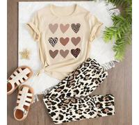 Ensemble décontracté quotidien pour jeune fille : T-shirt à manches courtes avec imprimé cœur léopard et leggings 7Y,8Y,9Y,10Y,11Y,12YTout ImpriméTissu tricoté
