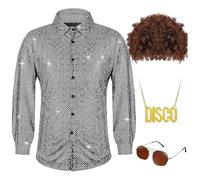Ensemble Deguisement Disco Homme Années 70 avec Accessoires et Chemise Paillette Homme a Carreaux Noir et Blanc, Tenue Disco Homme avec Perruque Afro, Lunettes et Chaîne, pour Halloween, Club, Cosplay