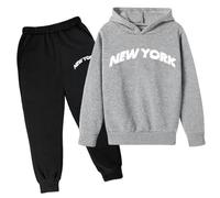 Ensemble d'entraînement 2 pièces pour filles - Sweat à capuche New York - Ensemble assorti pour enfants - Ensemble de survêtement de sortie avec capuche et manches longues - Tenue d'hiver d'automne
