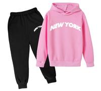 Ensemble d'entraînement 2 pièces pour filles - Sweat à capuche New York - Ensemble assorti pour enfants - Ensemble de survêtement de sortie avec capuche et manches longues - Tenue d'hiver d'automne