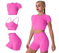 Ensemble d'entraînement pour femme - Soutien-gorge de sport + haut court à manches courtes + short taille haute - Tenue de yoga, Rose chaud., M
