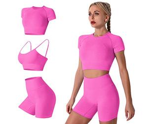 Ensemble d'entraînement pour femme - Soutien-gorge de sport + haut court à manches courtes + short taille haute - Tenue de yoga, Rose chaud., M
