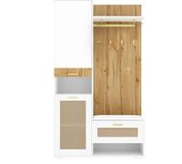 Ensemble d'entrée avec miroir et banquette, éclairage LED, porte-manteaux mural et 6 crocets à vêtements dorés, 110x38x190 cm, Blanc+Couleur naturelle