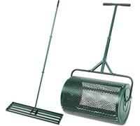 Ensemble d'entretien de pelouse 2 pièces, épandeur de compost de 61 cm et râteau de nivellement de pelouse de 89,9 x 25,4 cm, épandeur poussoir en maille métallique avec poignée en T pour jardin cour