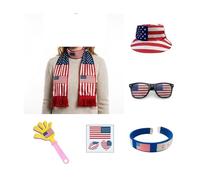 Ensemble d'équipement de fan de football 6 en 1 : chapeau bob, écharpe drapeau, lunettes de soleil, claquettes, autocollants for le visage et bracelets(A set)