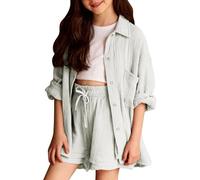 Ensemble d'été 2 pièces en coton et lin plissé pour fille - Veste courte légère avec bouton sur le devant - Short décontracté surdimensionné - Respirant et décontracté - Pour sorties par temps chaud