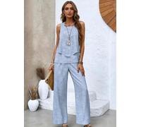 Ensemble d'été 2 pièces pour femme - Rayé - Sans manches - En faux lin - Col carré - Pantalon large - Combinaison - Vacances à la plage