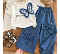 Ensemble d'été 2 pièces pour jeunes filles : T-shirt à manches courtes en maille 3D orné de papillons et de lettres, et pantalon large à gros nœud. Doux, respirant et confortable, ce pantalon est idéa