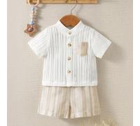 Ensemble d'été 2 pièces pour nouveau-né garçon, tenue de style japonais blanc, chemise à manches courtes à texture verticale & short rayé, vêtements décontractés assortis pour la famille 6-9M,0-1M,1-3
